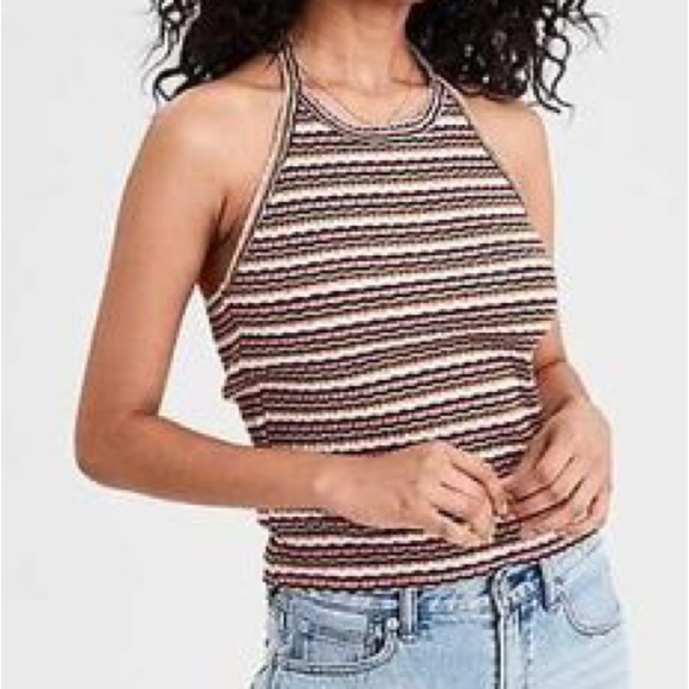 American Eagle Red/Brown/Green Striped Halter Top